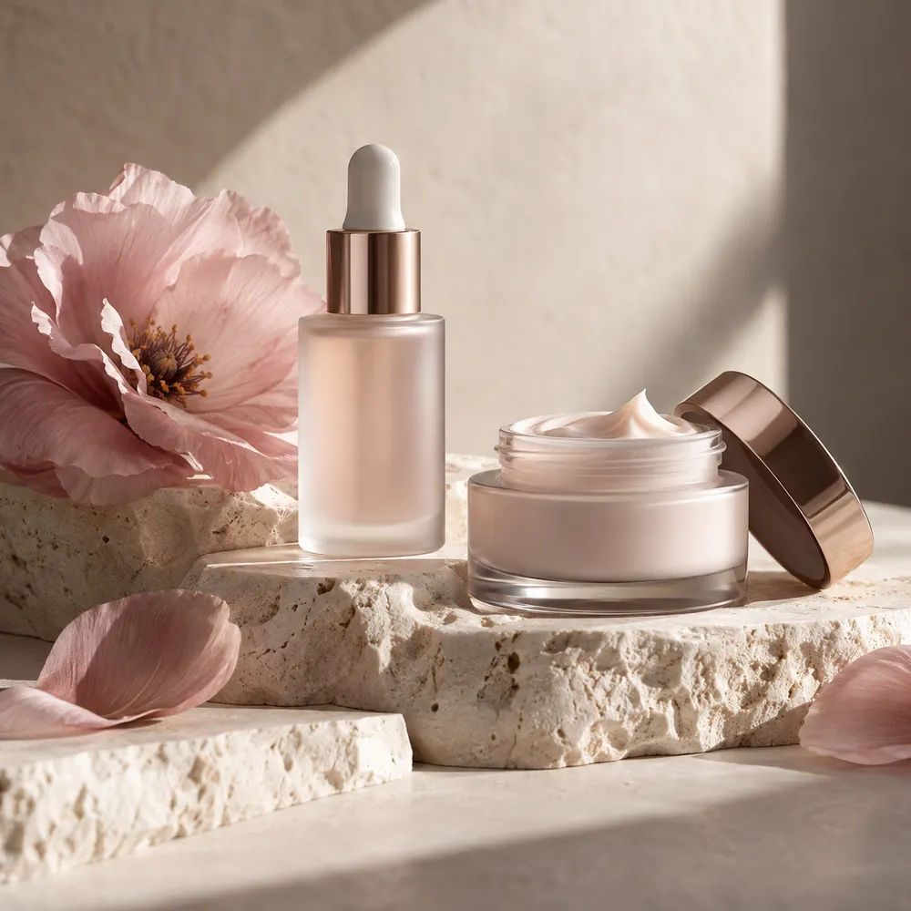 Skincare serum and cream jar styled for a product shoot