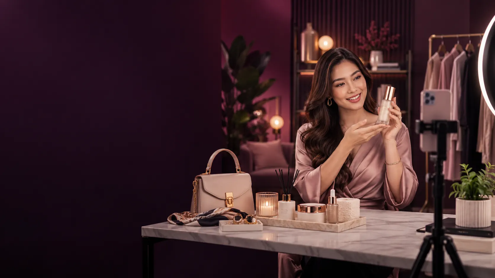 Host presenting a product in front of a phone on a tripod