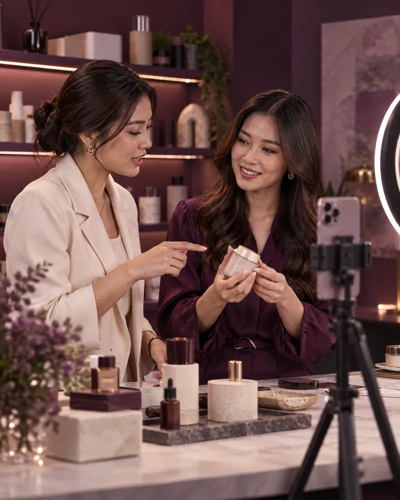 Two hosts presenting a skincare jar during a live session